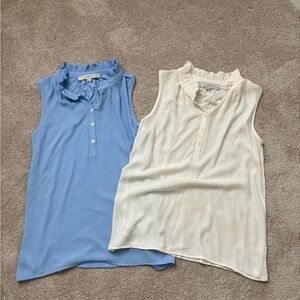 LOFT sleeveless ruffle neck tops, set of 2, size XSP, blue, cream